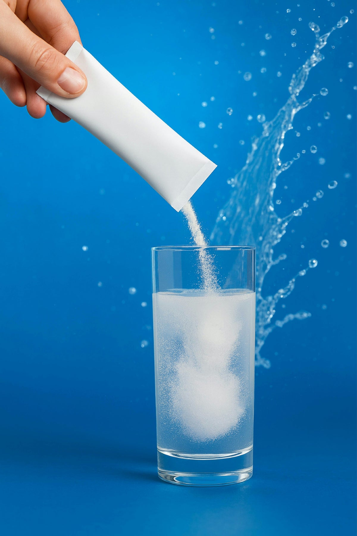 Electrolyte hydration powder being poured into water